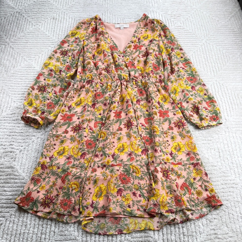 LOFT Floral Mini Dress Womens S Pink Yellow Ruffle Boho Cottagecore Romantic